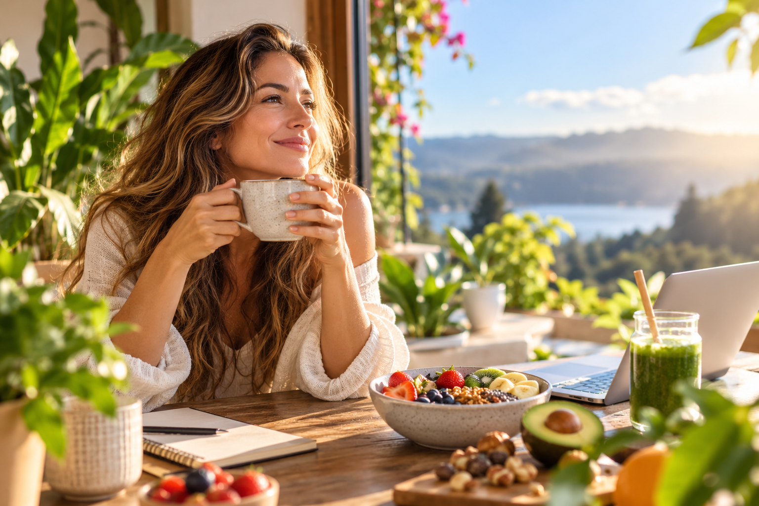Mujer disfrutando de un desayuno saludable en un entorno natural, rodeada de plantas, frutas frescas y luz del sol.